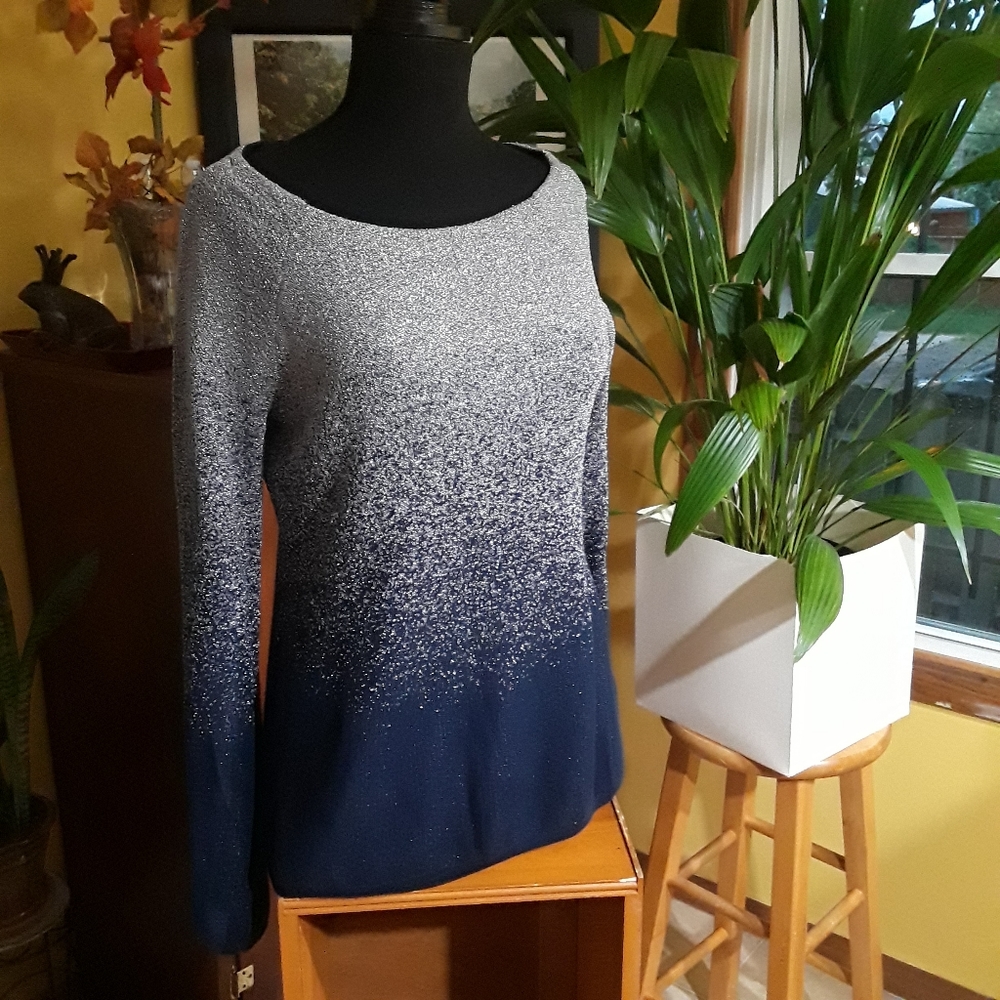 White House Black Market Navy and Silver Ombre Crew Neck Sweater